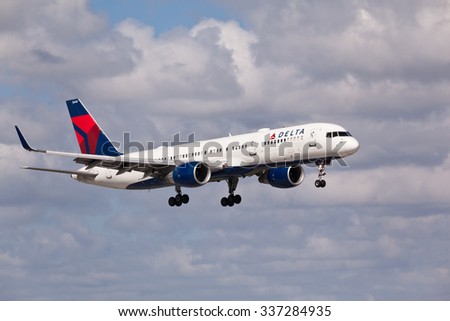 FORT LAUDERDALE, USA - November 4, 2015: A Delta Air Lines Boeing 757 aircraft landing at the Fort Lauderdale/Hollywood International Airport.