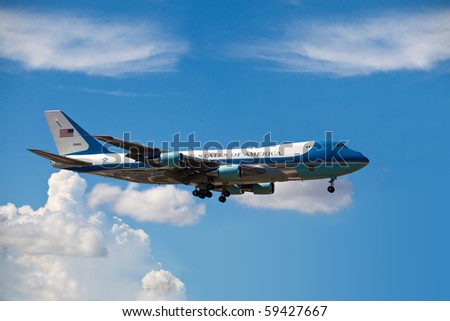 MIAMI, FL - AUG 18: Air Force One lands in Miami carries President Obama to attend a fundraiser for Florida Democrats at the Fontainebleau Hotel on Wednesday August 18, 2010 in Miami