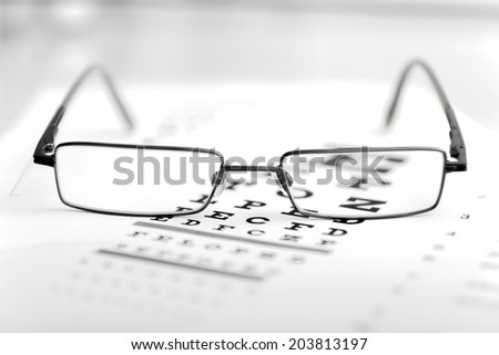 Clear Black modern glasses on a eye sight test chart.