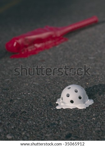 Toy baseball bat and plastic ball melted to the ground