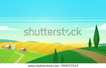 Summer landscape with farmhouse. Vector illustration.