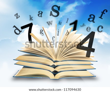 The Magic Book and the letters on a sky background. Education concept