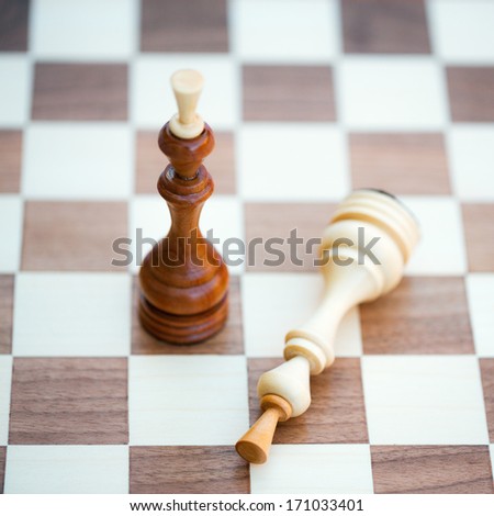 Two wooden chess pieces alone on a chess board