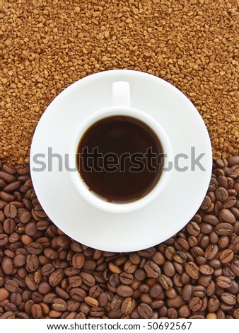 background from coffee grains and soluble coffee and also cup of coffee