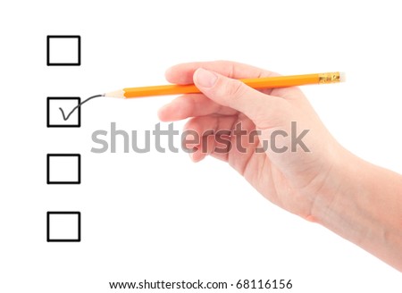 Hand with pencil and check boxes isolated on white.