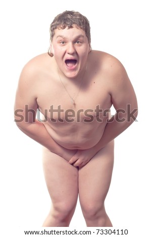 Scared fat guy isolated on white.