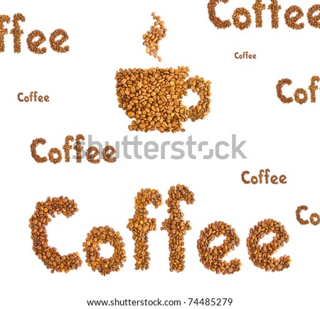 Brown roasted coffee beans in the form of cups and titles isolated on white background