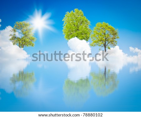 Trees growing out of the clouds and reflection on blue sky background