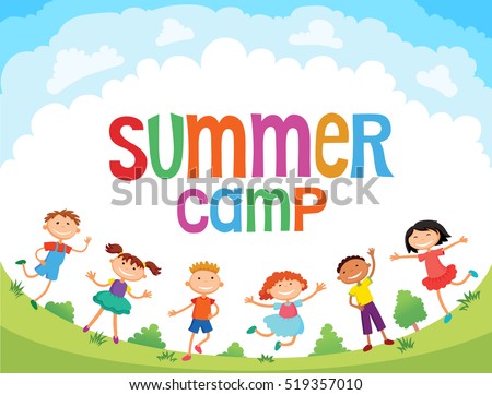 children are jumping on the glade, bunner cartoon funny vector, Ready for your message. blank template character. illustration summer camp