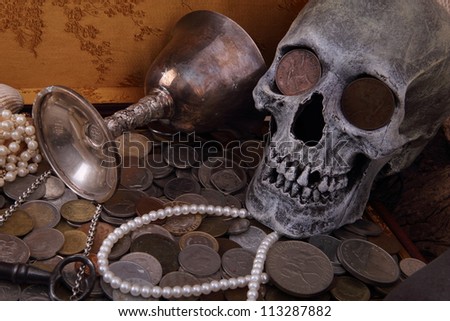 A skull with coins in the eye sockets laid on a chest of coins, pearls and chalice.