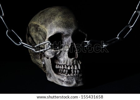 A skull chained through the eye sockets.