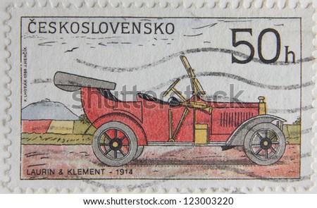 CZECH REPUBLIC - CIRCA 1988: A Post stamp printed by Czechoslovakia shows old-time classical car Laurin and Klement, circa 1988
