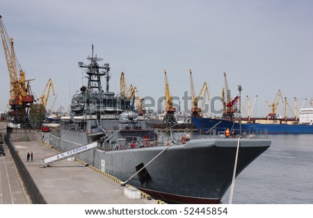 ODESSA, UKRAINE - MAY 5, 2010: Russian military ship «Caesar Kunikov» arrived to Odessa`s port, to take part in celebration victory day. 2010 may 5th, Odessa, Ukraine