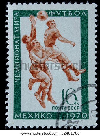 USSR-CIRCA 1970: A post stamp printed in USSR shows football players and devoted football world championship. Circa 1970.