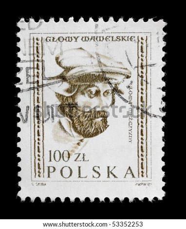 POLAND-CIRCA 1985: A post stamp printed in Poland and shows wooden sculpture male head. Circa 1985