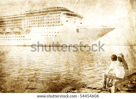 Lovely couple looking at cruise ship. Photo in vintage image style.