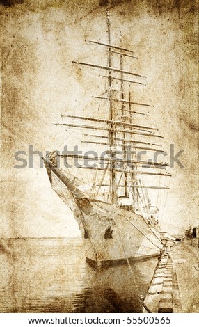 Old frigate. Photo in vintage image style.