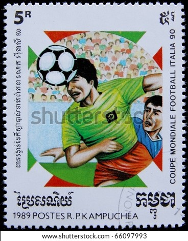 KAMPUCHEA - CIRCA 1989: A post stamp printed in Kampuchea shows image of football players, devoted The 1990 FIFA World Cup,series,circa 1989