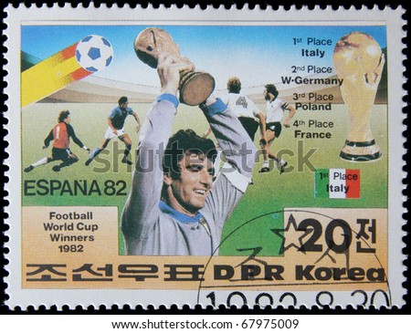 NORTH KOREA - CIRCA 1982: A post stamp printed in North Korea, shows football players, devoted football world championship,Spain, series, circa 1982.