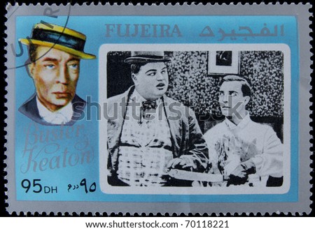 FUJEIRA-CIRCA 1990: A post stamp printed in Fujeira shows portrait of Buster Keaton,American comic actor and filmmaker. circa 1990