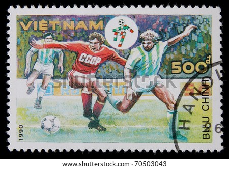 VIETNAM - CIRCA 1990: A stamp printed in Vietnam shows episode of match of the Football World Cup,  circa 1990