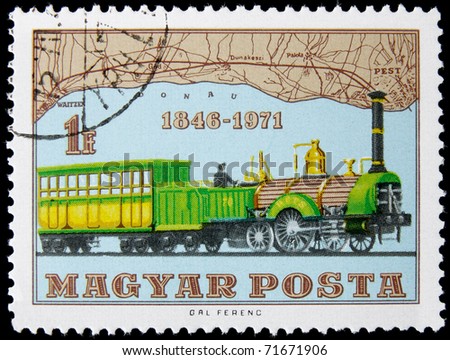HUNGARY - CIRCA 1971: A post stamp printed in Hungary shows an old locomotive, circa 1971
