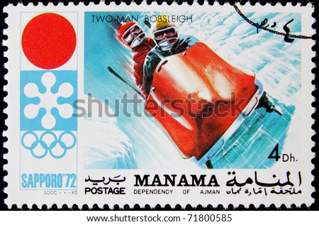 MANAMA - CIRCA 1972: A post stamp printed in Manama shows bobsleigh and devoted the winter Olympic games in Sapporo, circa 1972