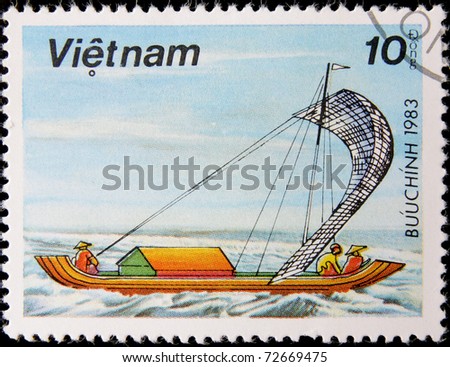 VIETNAM - CIRCA 1983: A post stamp printed in Vietnam shows ancient  sailing ship, series, circa 1983