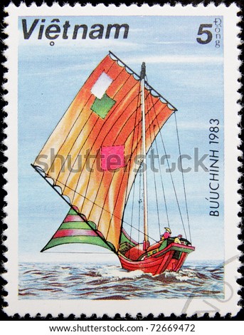 VIETNAM - CIRCA 1983: A post stamp printed in Vietnam shows ancient  sailing ship, series, circa 1983