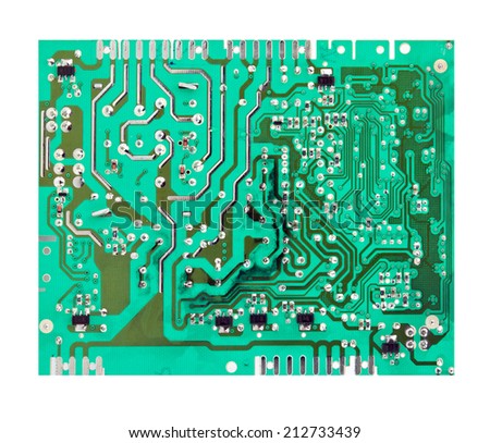 green electrical circuit board with conductors and transistors. Isolated
