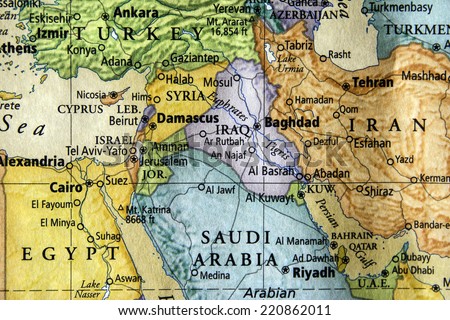 colored map of Iraq, Syria, and surrounding middle eastern countries