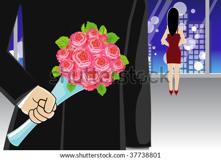 Image of a man hide a rose bouquet to give it to his girlfriend