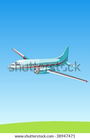 An illustration of an airplane flying high in the sky