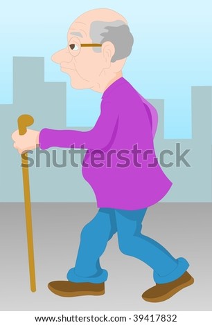 Life After Retirement An illustration of a senior citizen holding a walking stick in his hand and walking on the pavement/road