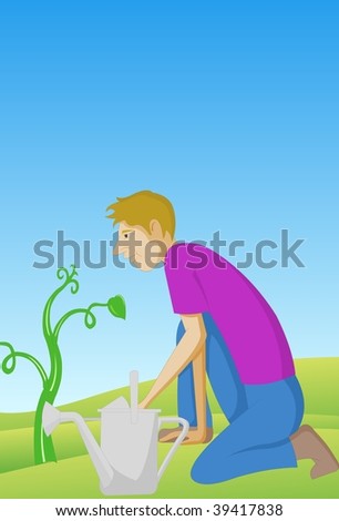 Green Thumb An illustration of man kneeling in front of a growing plant with a watering can next to him