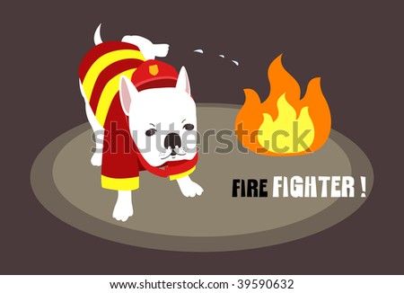An image of a dog dressed up as a firefighter and putting off a fire by urinating on it
