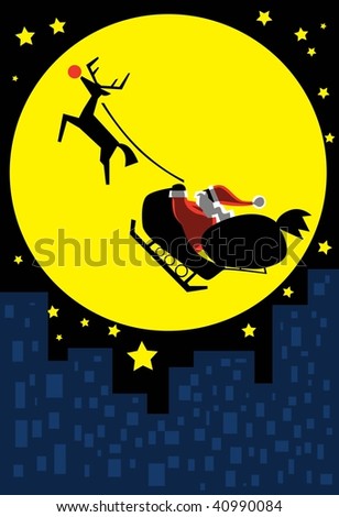 Image of Santa Claus rides Rudolf to give present in the Xmas spirit.