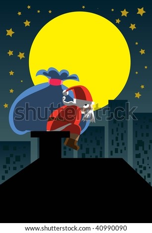Image of Santa Claus climbs up on the chimney to give present.