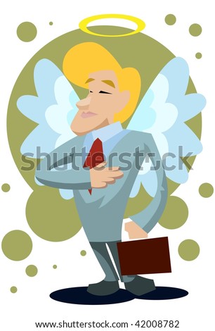 An image of a male angel with wings and halo and dressed up like a businessman carrying a briefcase