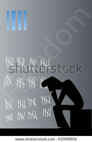 An image of a dejected man\'s silhouette sitting in a prison cell and the wall of cell has the number of days he has passed being in prison