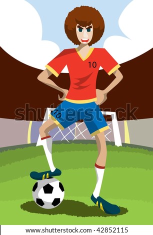An image of a male soccer player standing in the middle of a soccer field resting his foot on a soccer ball