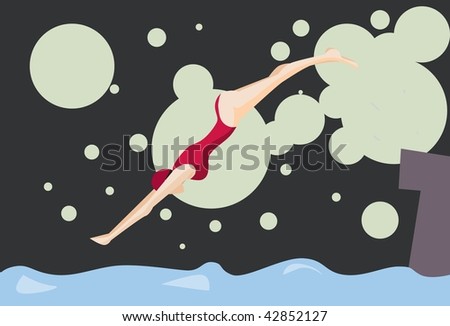 An image of female swimmer in a red swimming costume diving into the pool at night