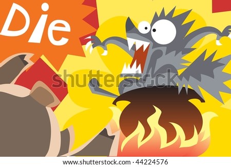 An image of big bad wolf in a pot that is on the fire while the little pig is urging the wolf to die