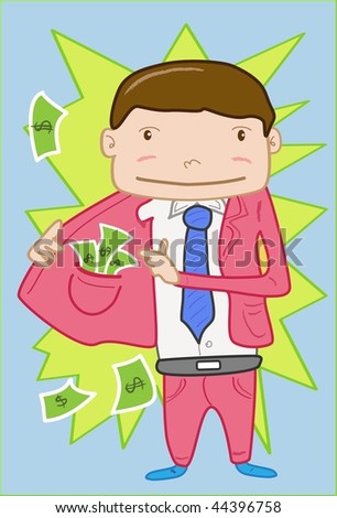 An image of man holding open half his coat to show the stack of currency notes stuffed in the inside pocket of the coat