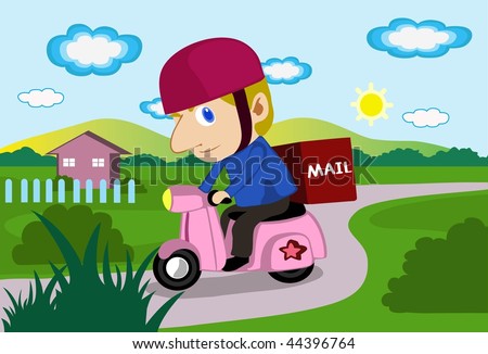 An image of a mailman driving a scooter to delivery mail
