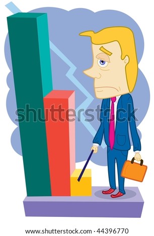 An image of a depressed businessman pointing to the downturn on a bar graph