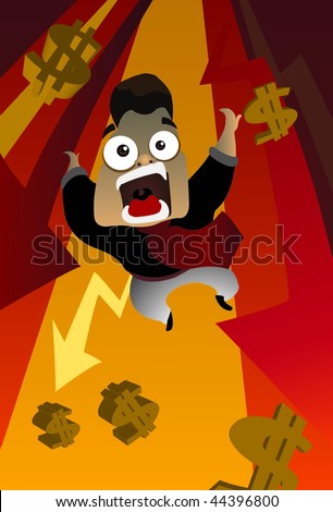 An image of a businessman falling down into a pit while there are dollar signs and arrows also falling down around him
