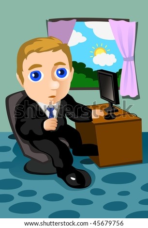 An image of a businessman sitting at his desk in front of a PC