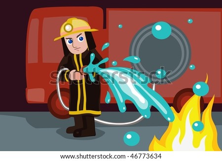 An image of a firefighter standing in front of the fire engine and putting out a blaze with hose