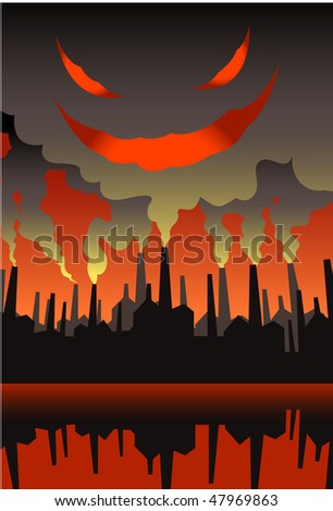 stock vector : An image of factories spewing out fumes, while the noxious fumes form